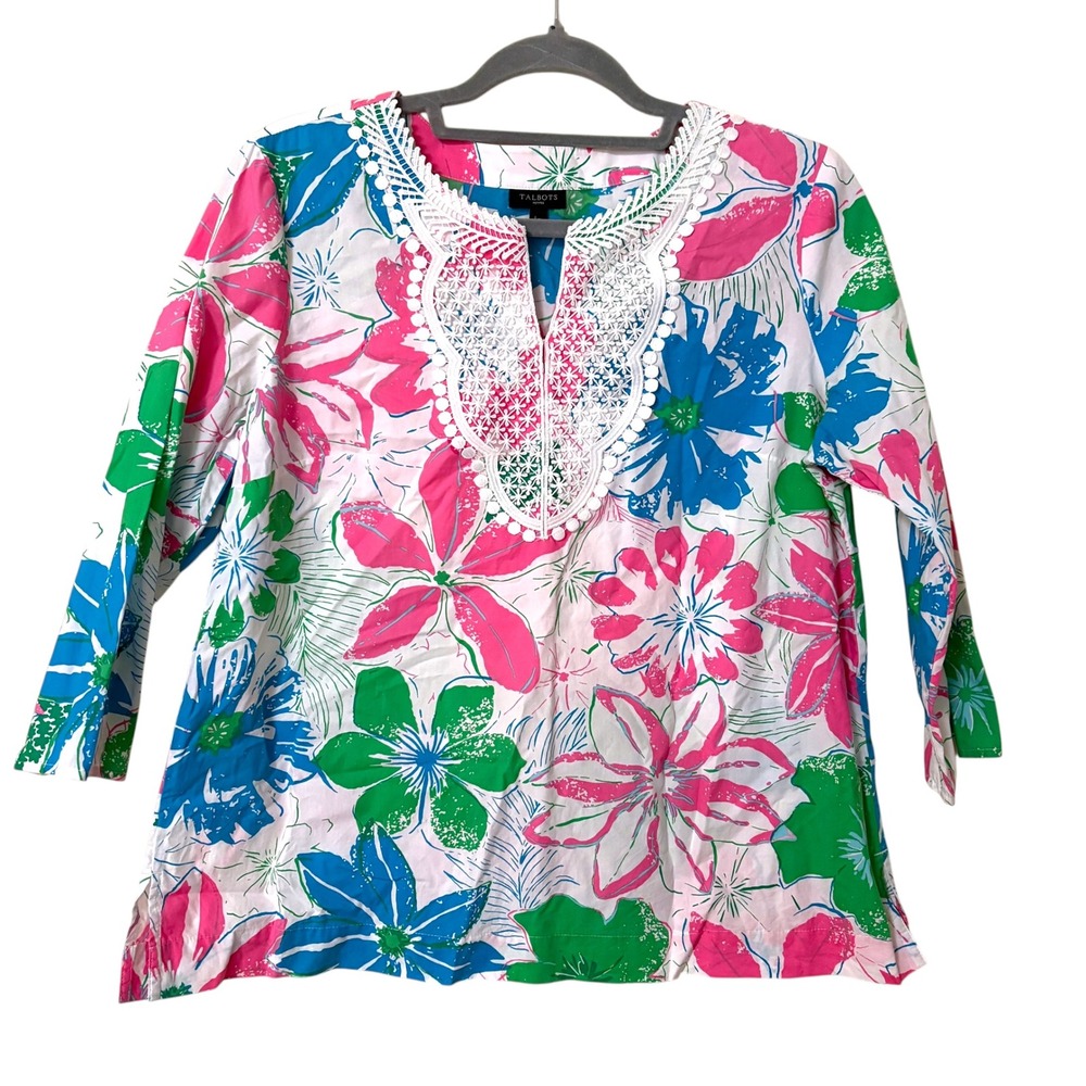 Talbots Womens Large Petitie Tunic Top‎ Multicolor Floral Crochet Lace Preppy